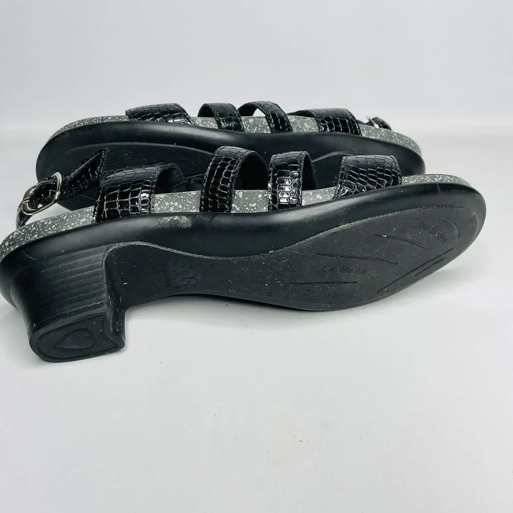 SAS Tripad Allegro Black Patent Leather Croc Snake‎ Print Heel Sandals Sz 10 N